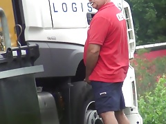 Trucker pissing with an erection