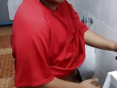 Asian teen chub jacks in restroom